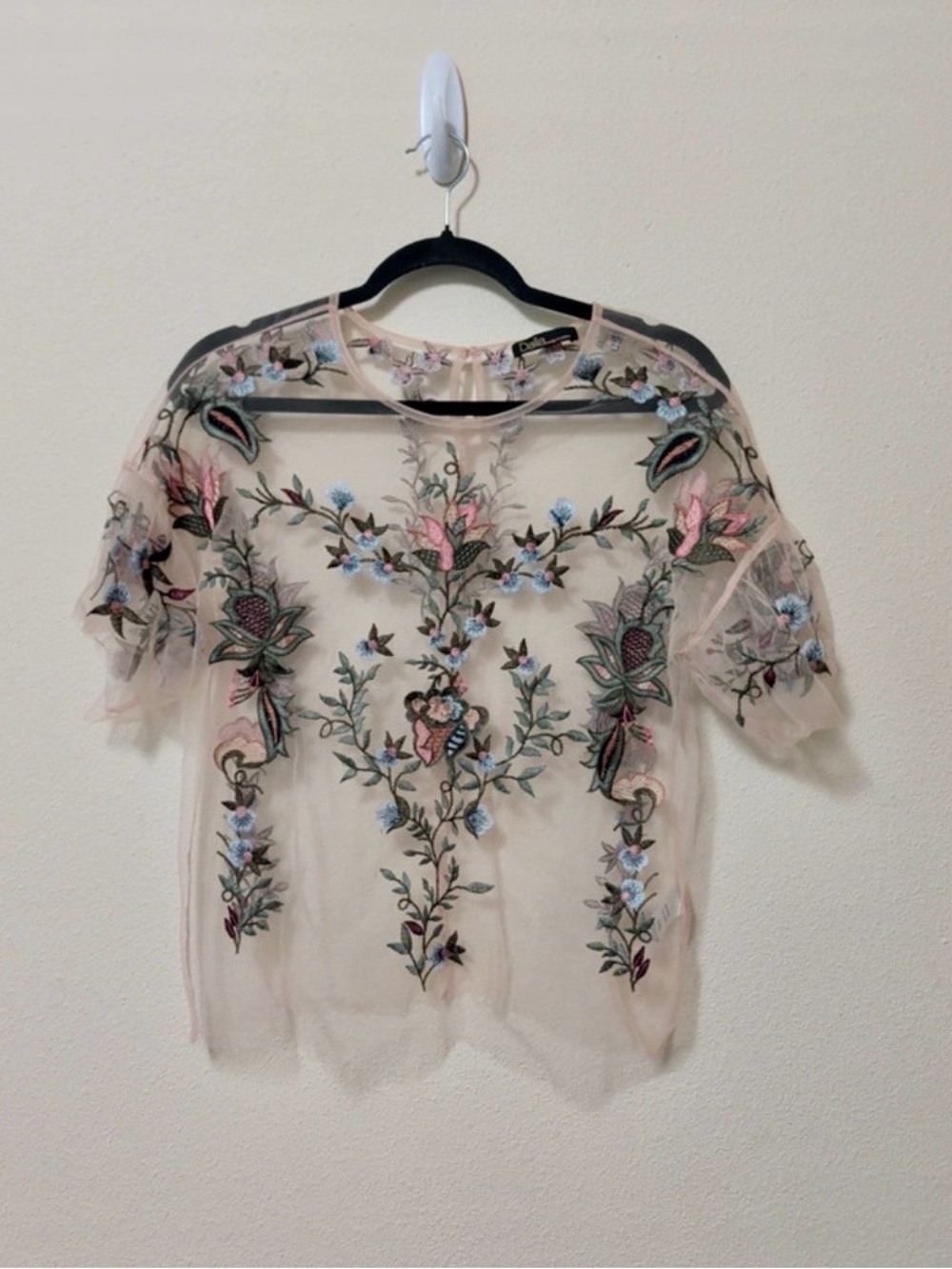 Dalia Blush Pink Sheer Mesh Floral Embroidered Top Boho Cottagecore Size Medium